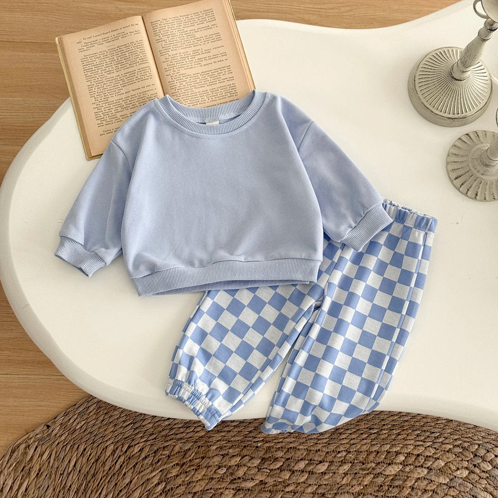 Autumn Fashion Newborn Baby Boys Girls Clothes Comfort Outfit Solid Color Long Sleeves Top+Chessboard Pattern Pants 2Pcs/set