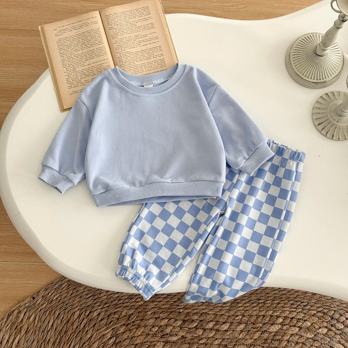 Autumn Fashion Newborn Baby Boys Girls Clothes Comfort Outfit Solid Color Long Sleeves Top+Chessboard Pattern Pants 2Pcs/set